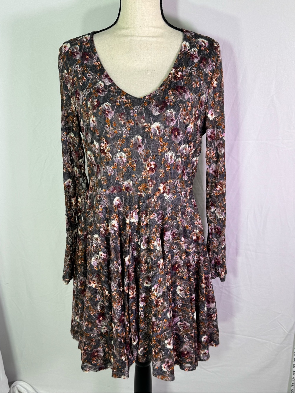 Rewind Lace Floral Dress L Boho Cottagecore Long Sleeve Fit Flare Mini